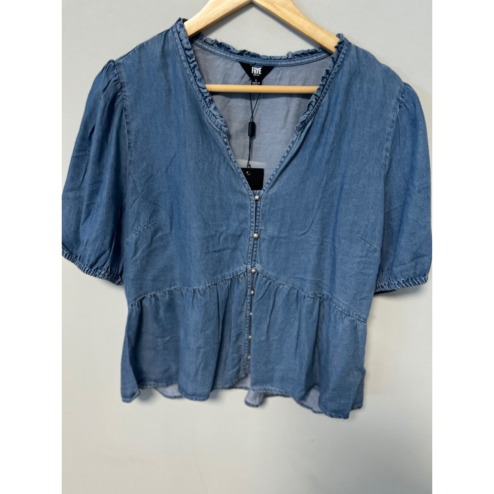 Frye Denim Peplum Top Womens Large Blue NWT Ruffle V-Neck Puff Sleeve Chambray